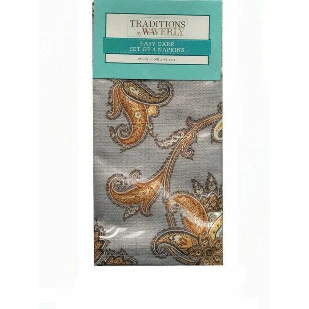 Waverly Fabric Napkins Jacobean Print Gray Gold French Country 19x19